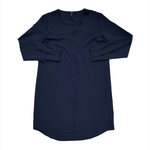 NWOT JACOB Collarless Blue/ Navy Satin Shirt Dress - Picture 6 of 6